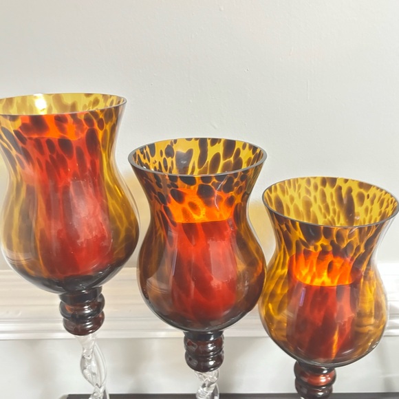 Vintage Twisted Amber Glass Pedestal Candle Holders Set of 3 - Picture 5 of 8